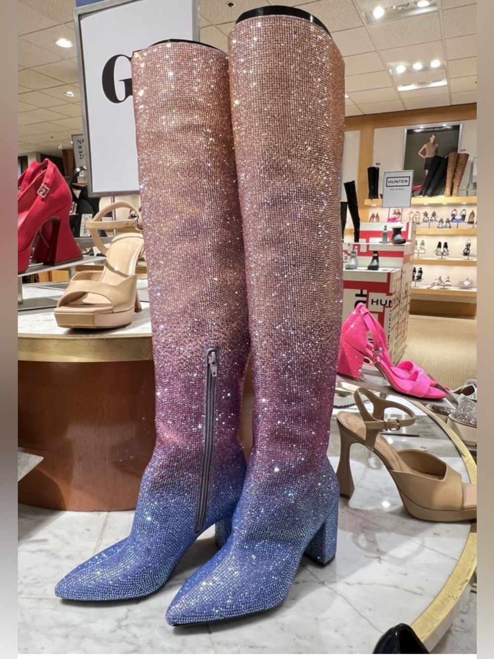 Size 7 Crystal gradient embellished GB brand over the knee boot